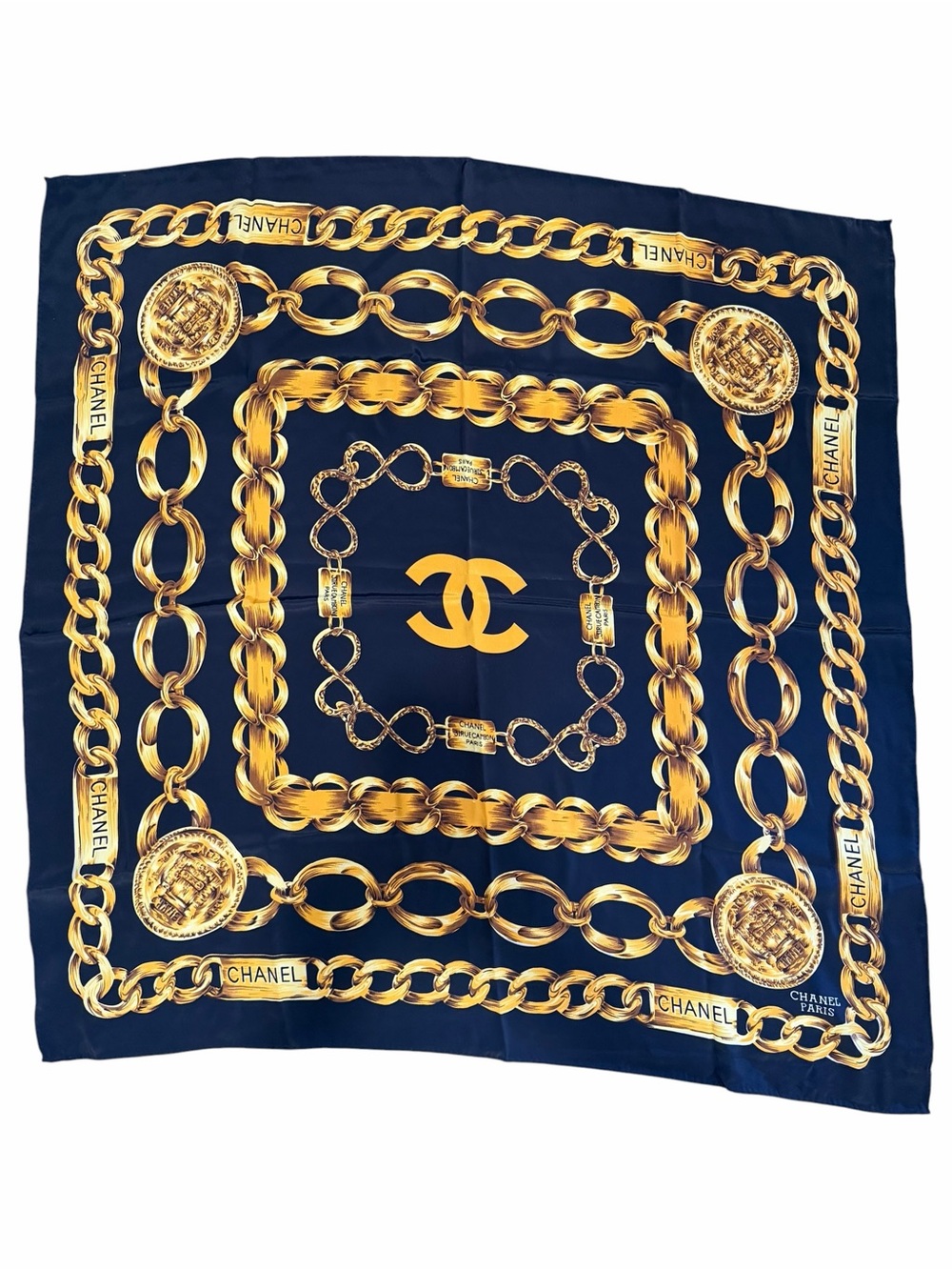CHANEL Navy Blue and Gold Chain Print Silk Scarf